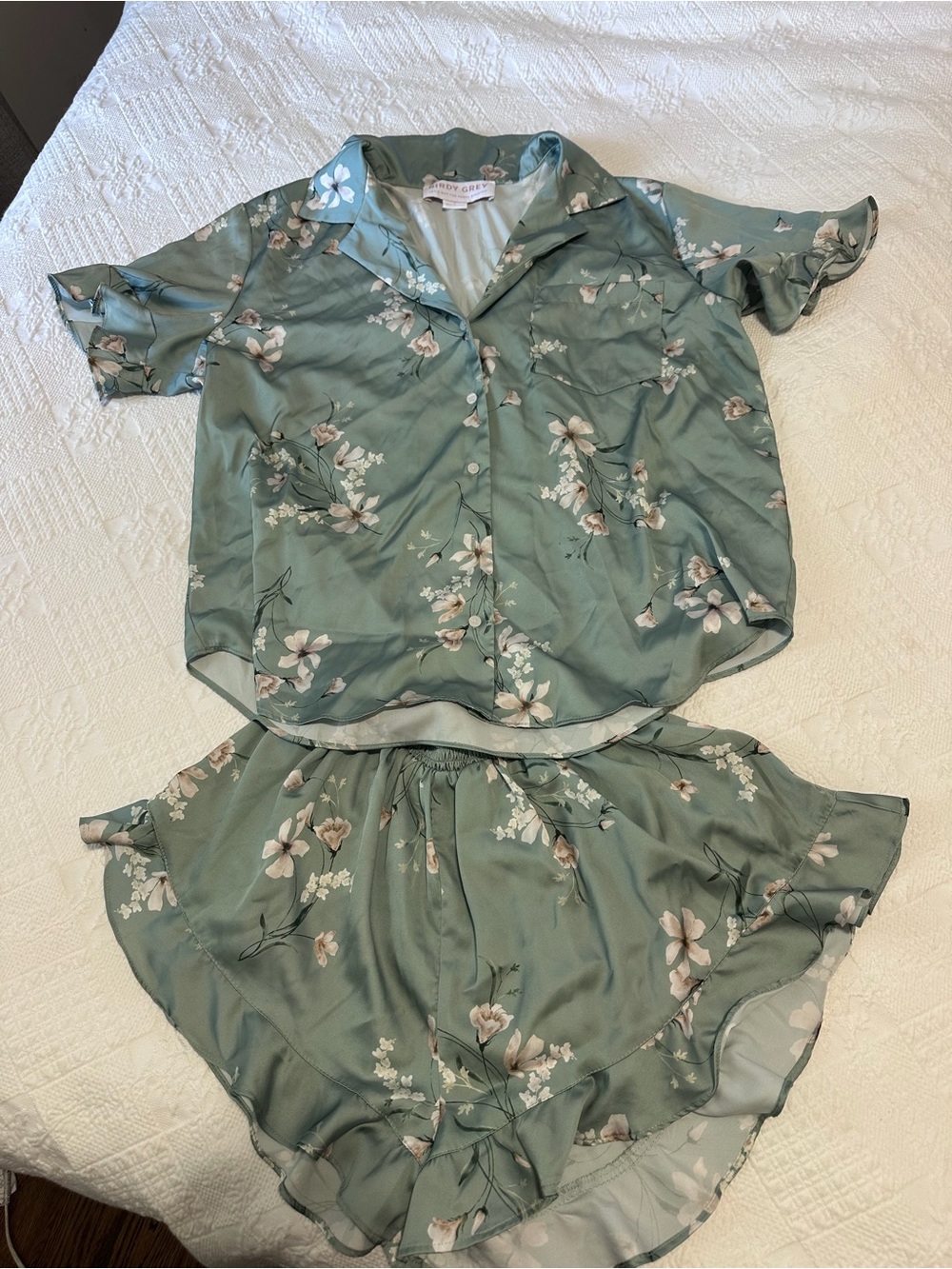 Sage Green Floral Satin Pajama Set - Two-Piece Sleep Shirt & Shorts